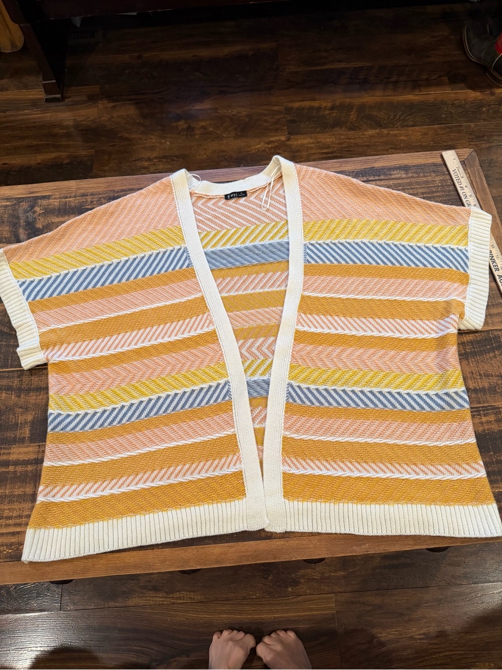 Very J Striped Open-Front Short Sleeve Cardigan - Peach, Yellow, Blue & Cream